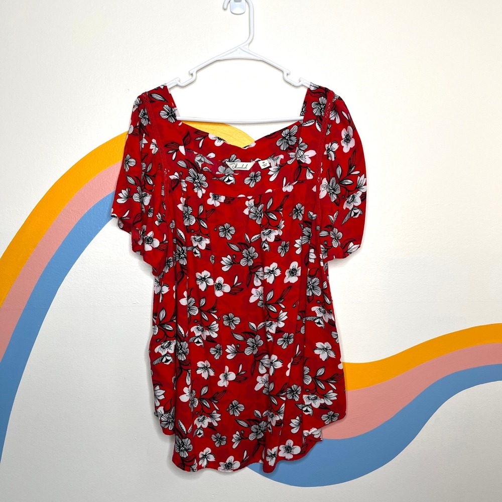 Caffe Marrakesh Womens Red Floral Square Neck Flutter‎ Sleeve Blouse 3X 43508R1F